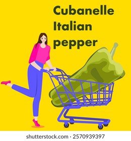 A woman holds cart with Cubanelle Italian Chile Pepper. Isolated vector illustration.