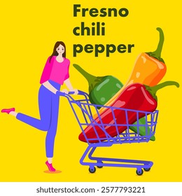 A woman holds cart with Fresno chili pepper. Isolated vector illustration.