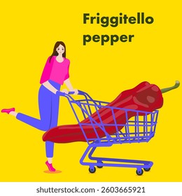 A woman holds cart with Friggitello pepper. or Sweet Italian pepper. Chili peppers. Isolated vector illustration.