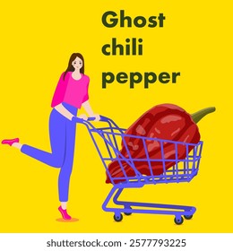 A woman holds cart with Ghost chili pepper. Isolated vector illustration.