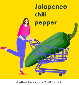 A woman holds cart with Green Jalapeno chili peppers. Jalapa peppers. Chile peppers. Isolated vector illustration.