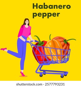 A woman holds cart with Habanero chili peppers.  Chile peppers. Isolated vector illustration.