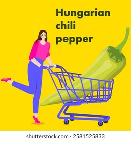 A woman holds cart with Hungarian chili peppers. Hot Wax peppers. Chile peppers. Isolated vector illustration.