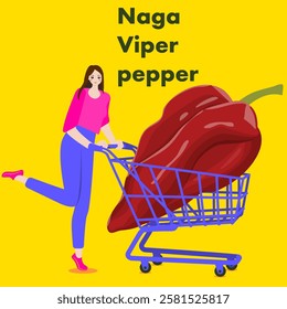 A woman holds cart with Naga Viper peppers. Chili peppers. Isolated vector illustration.