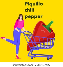 A woman holds cart with Piquillo pepper.  Pimiento del piquillo pepper. Chili peppers. Isolated vector illustration.