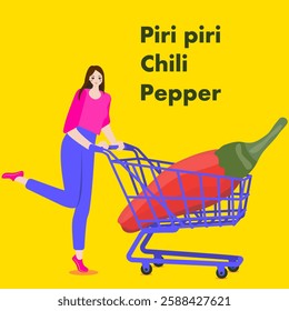 A woman holds cart with Piri Piri pepper.  Birds eye pepper. Chili peppers. Isolated vector illustration.