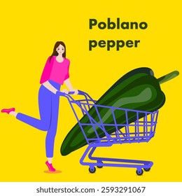 A woman holds cart with Poblano pepper  or Pasilla pepper. Chili peppers. Isolated vector illustration.
