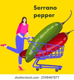 A woman holds cart with Serrano pepper.