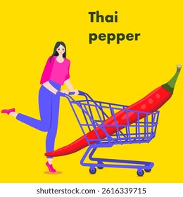 A woman holds cart with Thai pepper. Chili peppers. Isolated vector illustration.