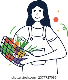 woman holds a cart with Vegetables. Line style, hand drawn, doodle. Shopping cart, online, ui, web illustration