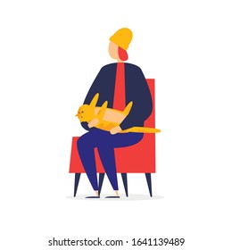 Woman holds a cat, pet. Flat style vector illustration