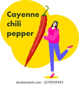 A woman holds Cayenne pepper or Ginnie pepper. Chili peppers. Isolated vector illustration.