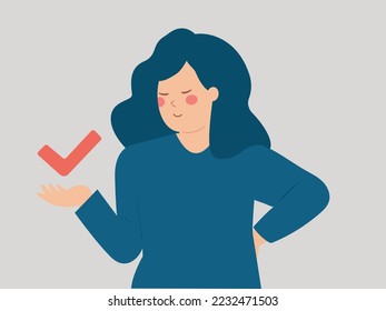 Woman holds a check mark to accept or approve something. Female supports an idea and agrees with it by saying YES or OK. Voting, feedback and review concept. Vector illustration.
