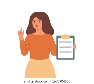 The woman holds a checklist and points up with her finger. Girl with resume in her hand says something. Vector illustration