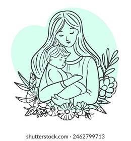 A woman holds a child in her arms. Flower frame. Hand drawing.