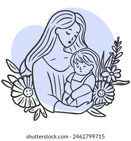 A woman holds a child in her arms. Flower frame. Hand drawing.