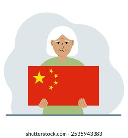 A woman holds a Chinese flag. The concept of demonstration, national holiday or patriotism. Nationality. vector flat illustration