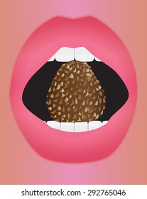 The woman holds a chocolate candy in teeth. Vector illustration for your design, web sites etc. 