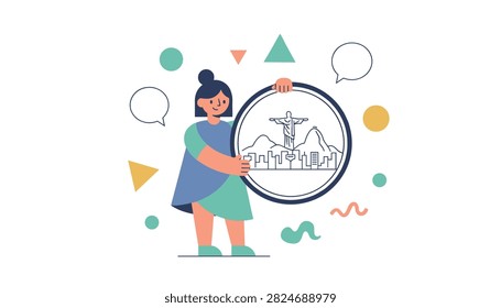 Woman holds a circular display frame featuring a stylized line art illustration of the Christ the Redeemer statue in Rio de Janeiro.