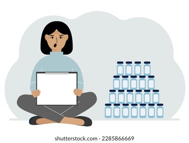 A woman holds a clipboard with a blank sheet of paper in his hands. There are many jars of vaccines nearby. Vector flat illustration