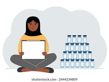 A woman holds a clipboard with a blank sheet of paper in his hands. There are many jars of vaccines nearby. Vector flat illustration