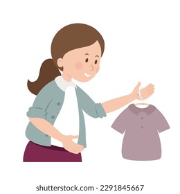 Woman holds cloth on hanger. Sales and shopping collection. Second hand and flea market. Reuse and recycle. Sustainability and eco concept. Vector flat illustration 