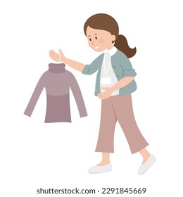 Woman holds cloth on hanger. Sales and shopping collection. Second hand and flea market. Reuse and recycle. Sustainability and eco concept. Vector flat illustration 