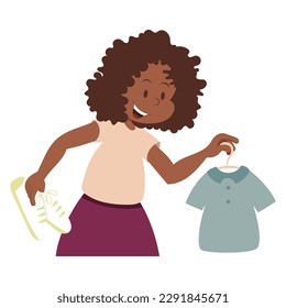 Woman holds cloth on hanger. Sales and shopping collection. Second hand and flea market. Reuse and recycle. Sustainability and eco concept. Vector flat illustration 
