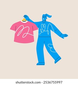 Woman holds a clothes hanger with a t-shirt. The concept of clothing donation. Colorful vector illustration