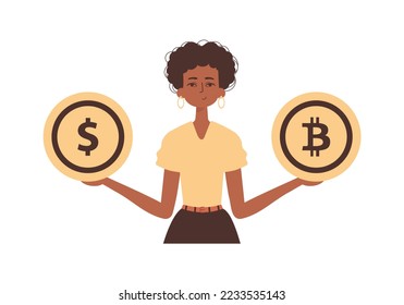 A woman holds a coin of bitcoin and dollar in her hands. Character in modern trendy style.