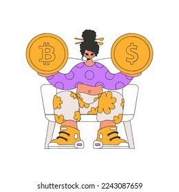 A woman holds a coin of bitcoin and dollar in her hands. Character Trendy retro style.