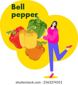 A woman holds colorful sweet bell peppers. Red, green, yellow, and orange bell peppers. Isolated vector illustration.