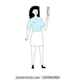 A woman holds a comb in her hand. Personal care. Hair care.Line drawn doodle style character.