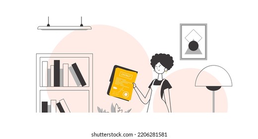 A woman holds a contract in her hands. Lineart minimalistic style. Vector illustration.