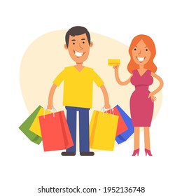 La mujer tiene tarjeta de crédito y el hombre se para cerca y sostiene paquetes con compras. Caracteres vectores. Ilustración vectorial