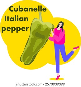 A woman holds Cubanelle Italian Chile Pepper. Isolated vector illustration.