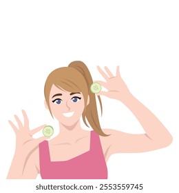 Woman holds cucumbers in her hands. Woman at the spa. Beauty time. Flat vector Character Illustration