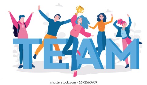 Woman holds a cup and celebrates success. Business team achievements, Bia team word, Team victory, Vector illustration for web banner, infographics, mobile Win concept with characters. 