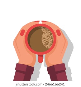 Mujer sostiene una taza de café en las palmas. Bebida caliente. Hora del café, descanso. Diseño plano de Ilustración vectorial. Aislado sobre fondo blanco.