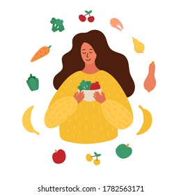 woman holds deep plate with vegetables in hands. Vegetables are around. concept of proper nutrition, diet, healthy lifestyle. Nutrition during pregnancy. Hand drawing vector illustration. Cartoon