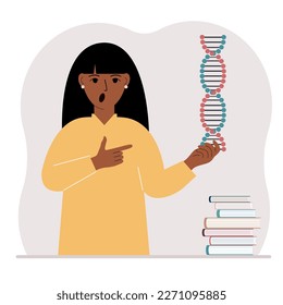 A woman holds a DNA model in his hand and there are many books nearby. Vector flat illustration