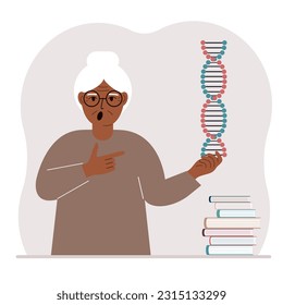 A woman holds a DNA model in his hand and there are many books nearby. Vector flat illustration