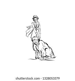 Woman holds dog on leash. Lady dressed in coat, hat and developing scarf in the wind. Drawing for coloring. 
