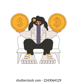 A woman holds a dollar and bitcoin coin in her hands. Character trendy style.