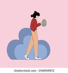 Woman holds easter basket with colorful eggs and spring flowers. Vector festive concept for Happy Easter