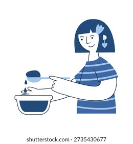 Die Frau hält das Osterei in einem Löffel und färbt es. Kreatives Eiermalerei-Konzept. Frühlingsferien Tradition. Minimale flache, einfarbige Vektorgrafik in Blau.
