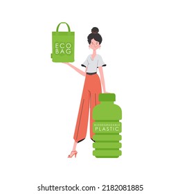 A woman holds an ECO BAG in her hands. The concept of ecology and care for the environment. Isolated on white background. Trend style.Vector illustration.