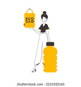 A woman holds an eco-package in her hands. The concept of ecological bags and plastic. Lineart style. Isolated on white background. Vector illustration.