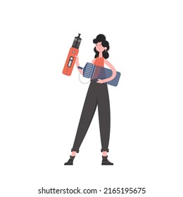 A woman holds an electronic cigarette in her hands. Flat style. Isolated on white background. Vector illustration.