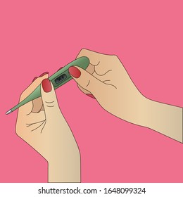 Woman holds electronic thermometer in her hands. Temperature measurement. Bright skin. Vector illustration. Result 36.6. Isolated pink background. Cartoon style. Medical topics. Lady and thermometer.